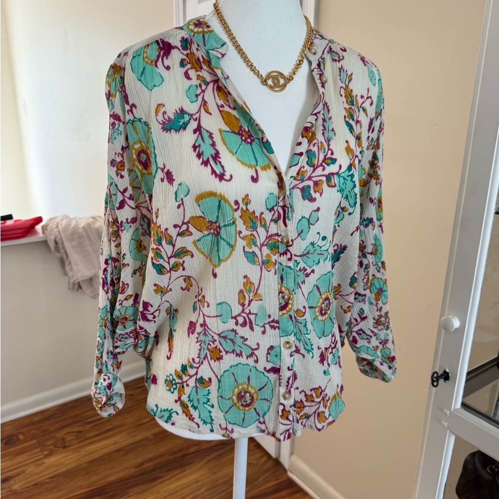 Pilcro Floral Blouse - Cream and Teal